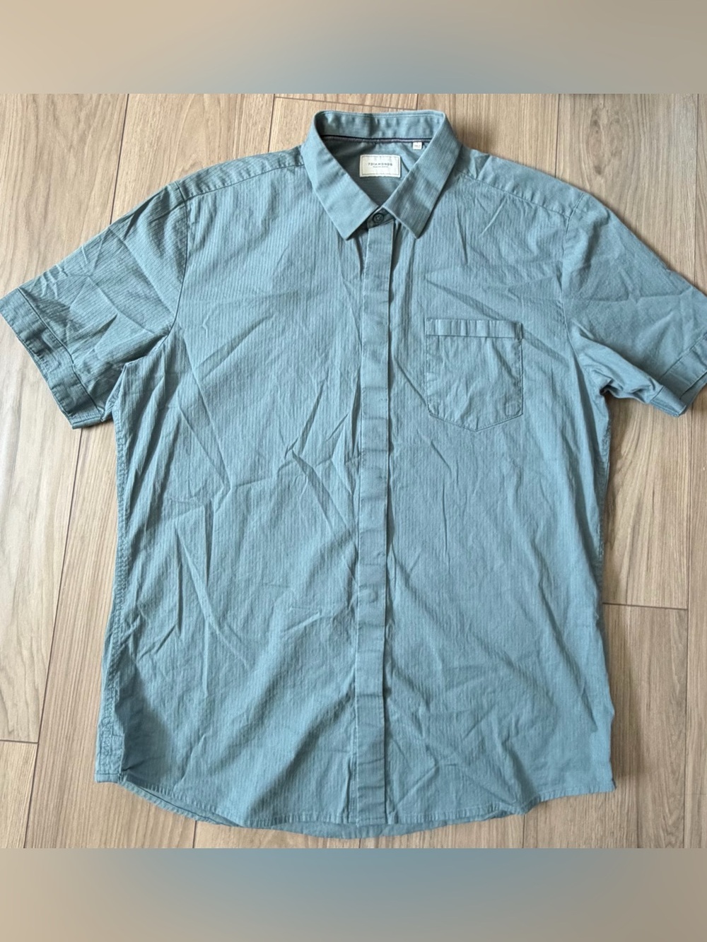 7 Diamonds Mens L Blue Teal textured Stripe Short Sleeve Button up